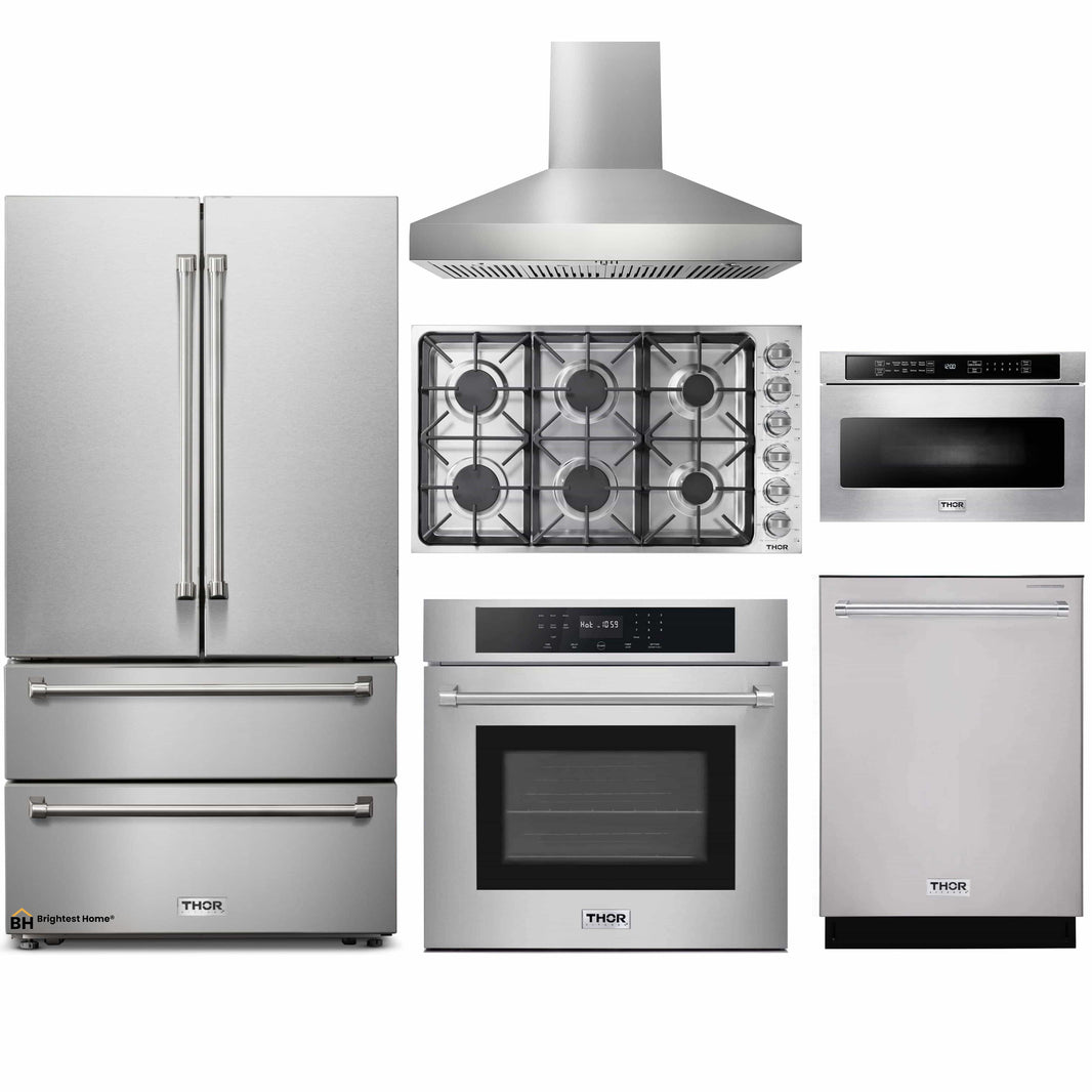 Thor Kitchen 6-Piece Pro Appliance Package - 36-Inch Gas Cooktop, Electric Wall Oven, Pro-Style Wall Mount Hood, Refrigerator, Dishwasher & Microwave Drawer in Stainless Steel