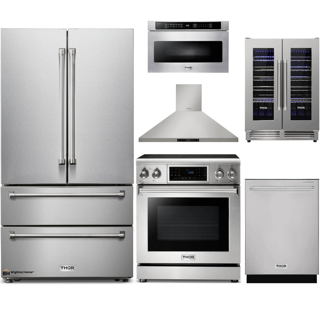 Thor Kitchen 6-Piece Appliance Package - 30-Inch Electric Range with Tilt Panel, French Door Refrigerator, Wall Mount Hood, Dishwasher, Microwave Drawer, & Wine Cooler in Stainless Steel