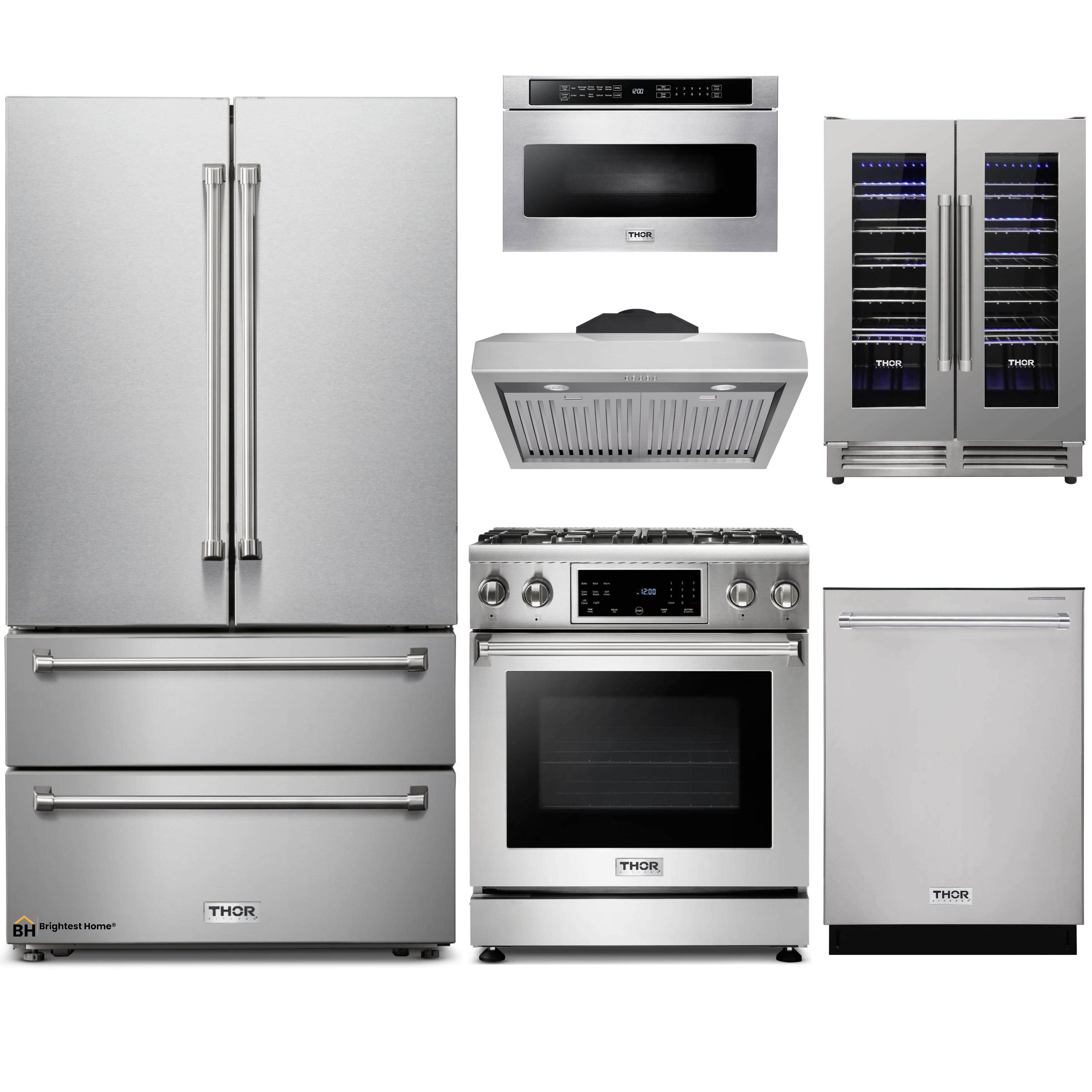 Thor Kitchen 6-Piece Appliance Package - 30-Inch Gas Range with Tilt Panel, French Door Refrigerator, Under Cabinet Hood, Dishwasher, Microwave Drawer, and Wine Cooler in Stainless Steel