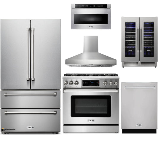 Thor Kitchen 6-Piece Appliance Package - 36-Inch Gas Range with Tilt Panel, French Door Refrigerator, Pro-Style Wall Mount Hood, Dishwasher, Microwave Drawer, & Wine Cooler in Stainless Steel