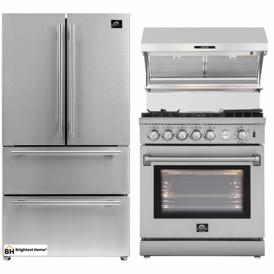 Forno 3-Piece Appliance Package - 30-Inch Gas Range with Air Fryer, Refrigerator, & Wall Mount Hood with Backsplash in Stainless Steel