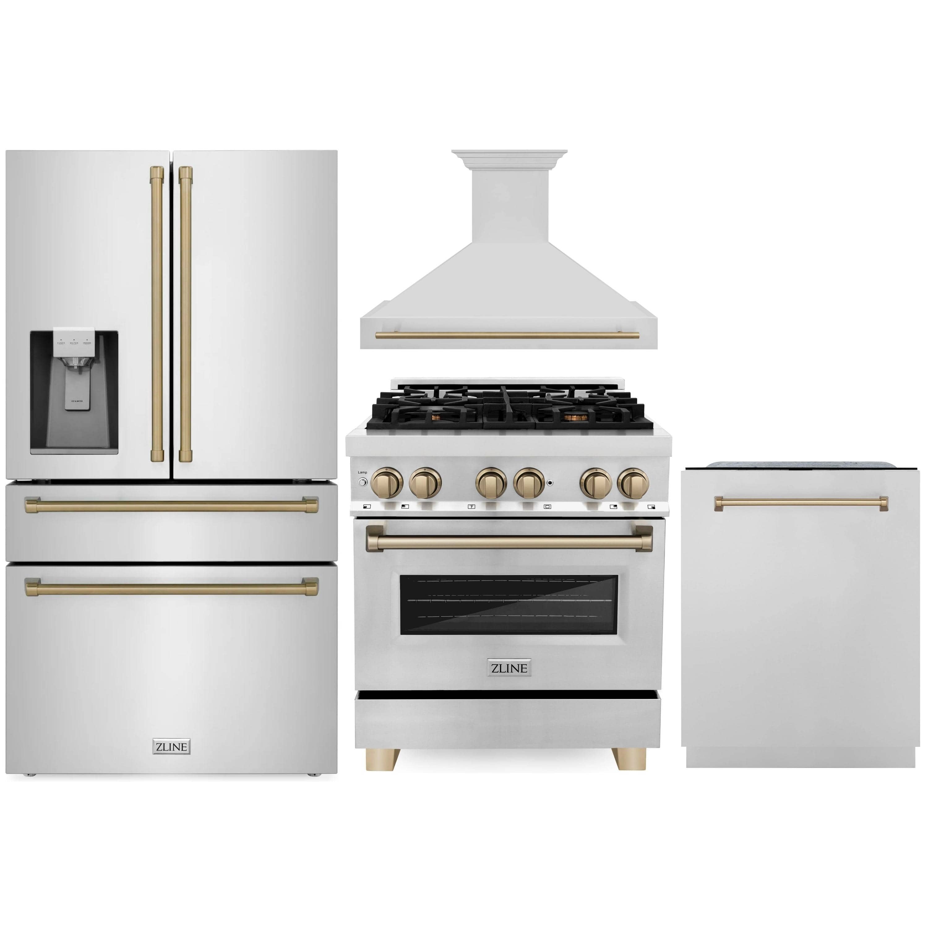 ZLINE Autograph Edition 4-Piece Appliance Package - 30" Dual Fuel Range, 36" Refrigerator with Water Dispenser, Wall Mounted Range Hood, & 24" Tall Tub Dishwasher in Stainless Steel with Champagne Bronze Trim (4AKPR-RARHDWM30-CB)