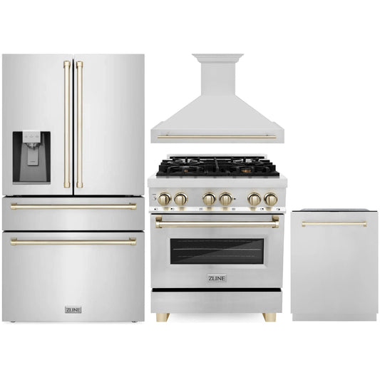 ZLINE Autograph Edition 4-Piece Appliance Package - 30" Dual Fuel Range, 36" Refrigerator with Water Dispenser, Wall Mounted Range Hood, & 24" Tall Tub Dishwasher in Stainless Steel with Gold Trim (4AKPR-RARHDWM30-G)