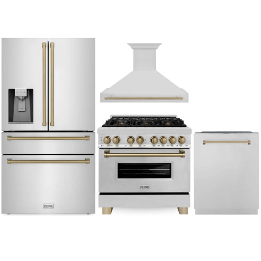 ZLINE Autograph Edition 4-Piece Appliance Package - 36" Dual Fuel Range, 36" Refrigerator with Water Dispenser, Wall Mounted Range Hood, & 24" Tall Tub Dishwasher in Stainless Steel with Champagne Bronze Trim (4AKPR-RARHDWM36-CB)