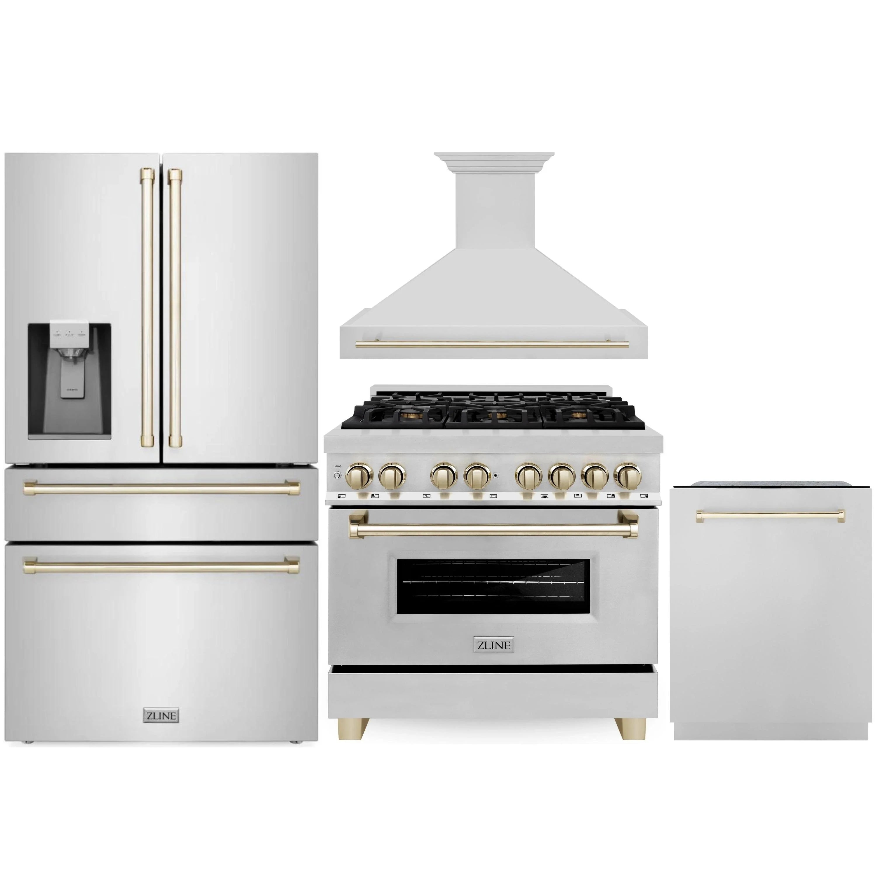 ZLINE Autograph Edition 4-Piece Appliance Package - 36" Dual Fuel Range, 36" Refrigerator with Water Dispenser, Wall Mounted Range Hood, & 24" Tall Tub Dishwasher in Stainless Steel with Gold Trim (4AKPR-RARHDWM36-G)