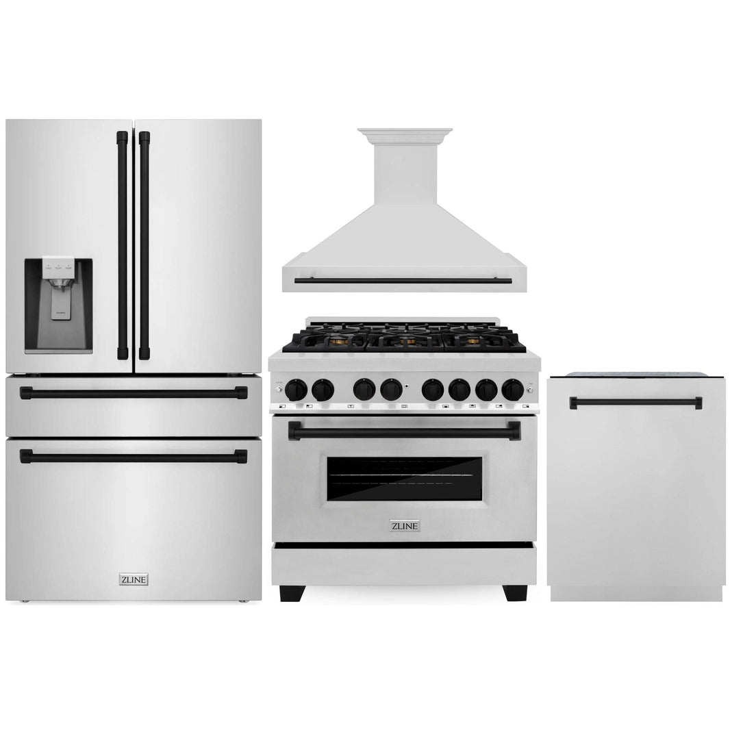 ZLINE Autograph Edition 4-Piece Appliance Package - 36" Dual Fuel Range, 36" Refrigerator with Water Dispenser, Wall Mounted Range Hood, & 24" Tall Tub Dishwasher in Stainless Steel with Matte Black Trim (4AKPR-RARHDWM36-MB)