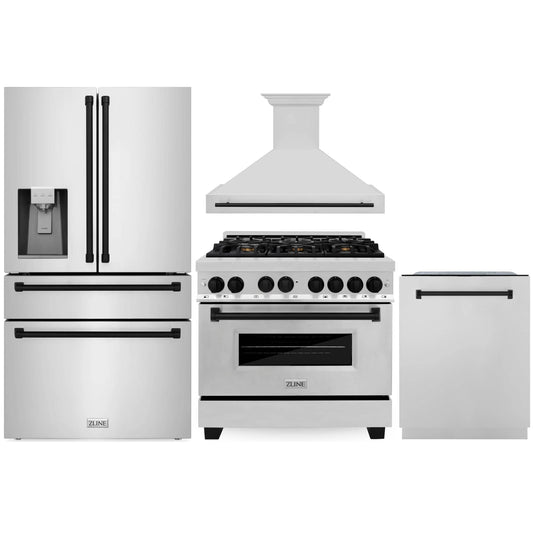 ZLINE Autograph Edition 4-Piece Appliance Package - 36" Dual Fuel Range, 36" Refrigerator with Water Dispenser, Wall Mounted Range Hood, & 24" Tall Tub Dishwasher in Stainless Steel with Matte Black Trim (4AKPR-RARHDWM36-MB)