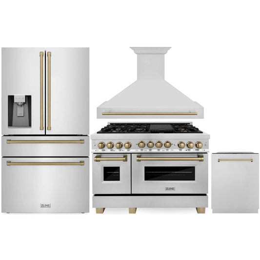 ZLINE Autograph Edition 4-Piece Appliance Package - 48" Dual Fuel Range, 36" Refrigerator with Water Dispenser, Wall Mounted Range Hood, & 24" Tall Tub Dishwasher in Stainless Steel with Champagne Bronze Trim (4AKPR-RARHDWM48-CB)