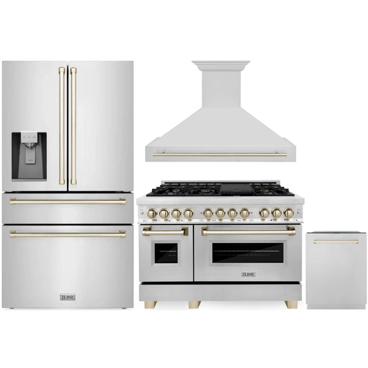 ZLINE Autograph Edition 4-Piece Appliance Package - 48" Dual Fuel Range, 36" Refrigerator with Water Dispenser, Wall Mounted Range Hood, & 24" Tall Tub Dishwasher in Stainless Steel with Gold Trim (4AKPR-RARHDWM48-G)