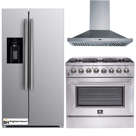 Forno 3-Piece Appliance Package - 36-Inch Dual Fuel Range, Refrigerator with Water Dispenser, & Wall Mount Hood in Stainless Steel