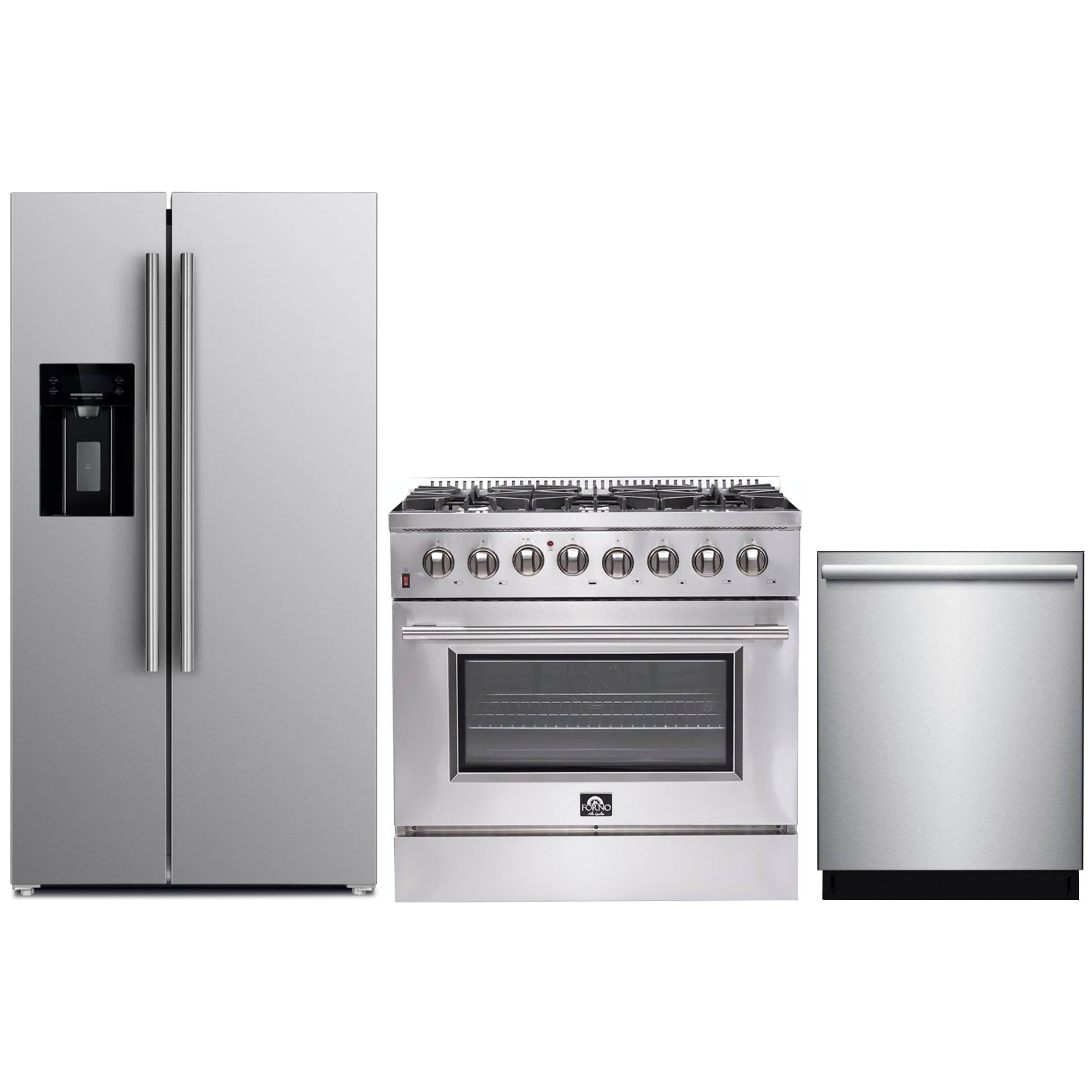 Forno 3-Piece Appliance Package - 36-Inch Dual Fuel Range, Refrigerator with Water Dispenser, & Dishwasher in Stainless Steel