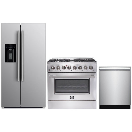 Forno 3-Piece Appliance Package - 36-Inch Dual Fuel Range, Refrigerator with Water Dispenser, & Dishwasher in Stainless Steel