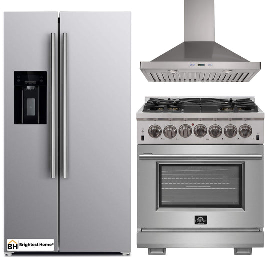 Forno 3-Piece Pro Appliance Package - 30-Inch Dual Fuel Range, Refrigerator with Water Dispenser, & Wall Mount Hood in Stainless Steel