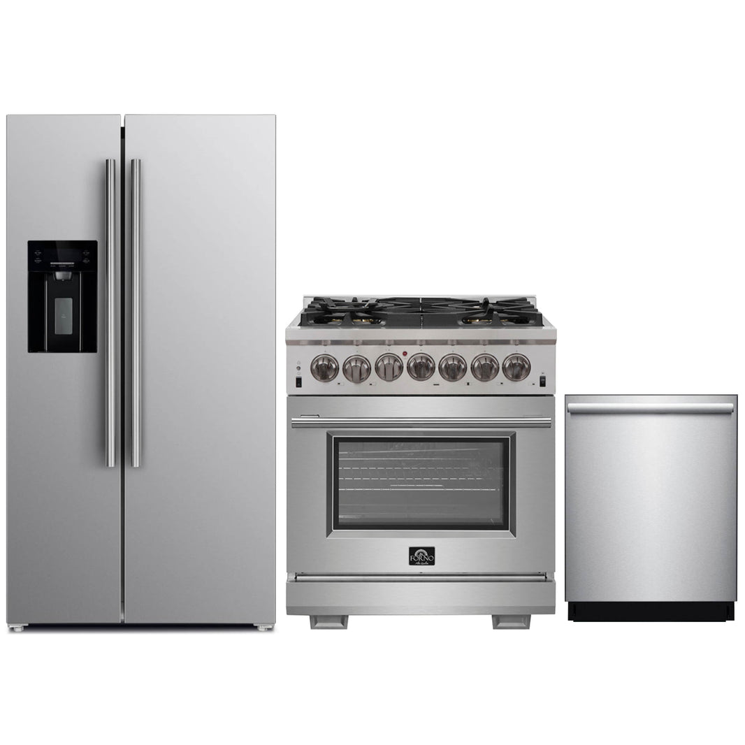 Forno 3-Piece Pro Appliance Package - 30-Inch Dual Fuel Range, Refrigerator with Water Dispenser, & Dishwasher in Stainless Steel