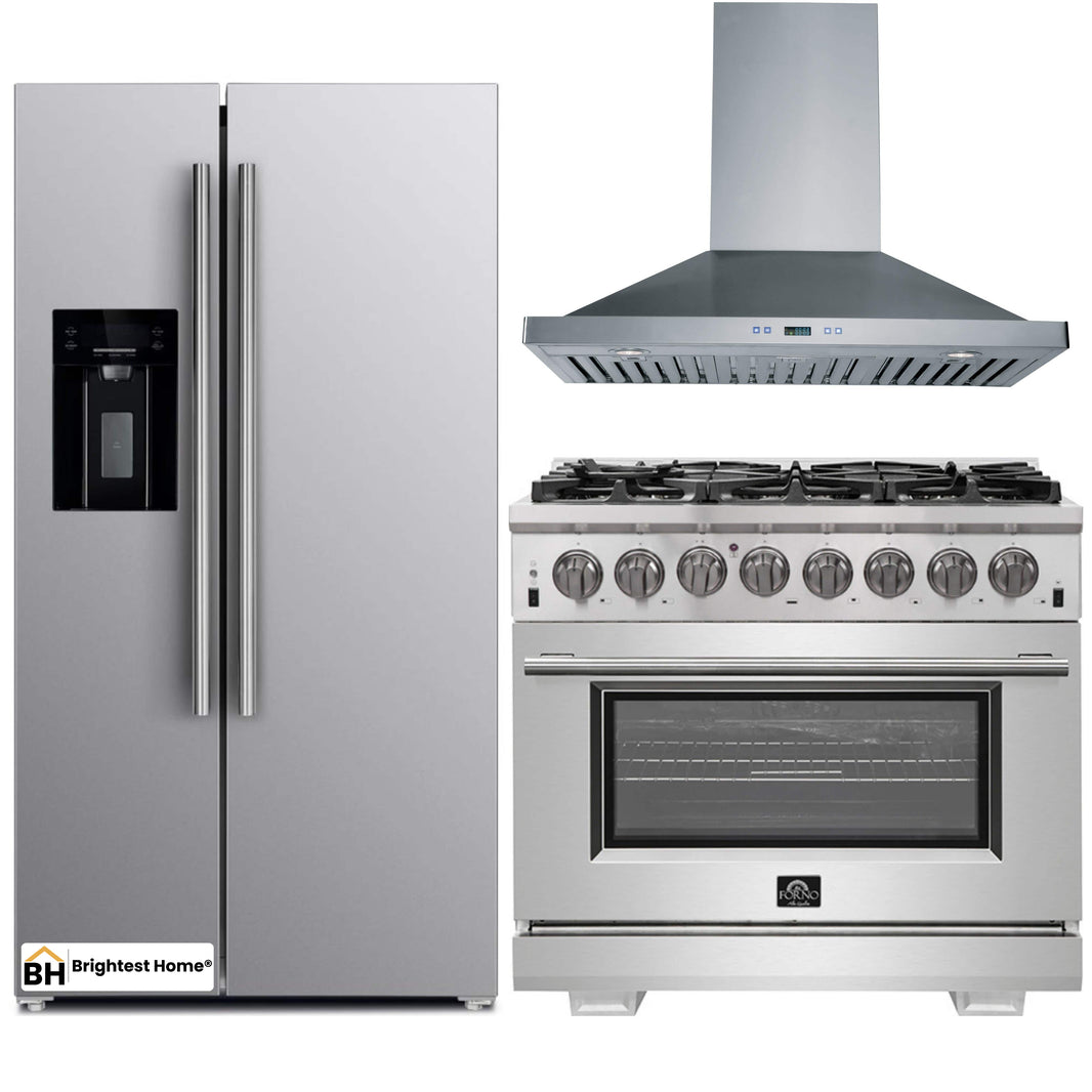 Forno 3-Piece Pro Appliance Package - 36-Inch Dual Fuel Range, Refrigerator with Water Dispenser, & Wall Mount Hood in Stainless Steel