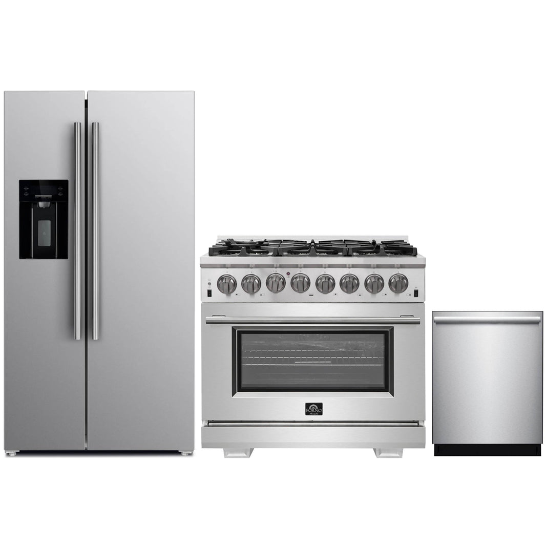 Forno 3-Piece Pro Appliance Package - 36-Inch Dual Fuel Range, Refrigerator with Water Dispenser, & Dishwasher in Stainless Steel