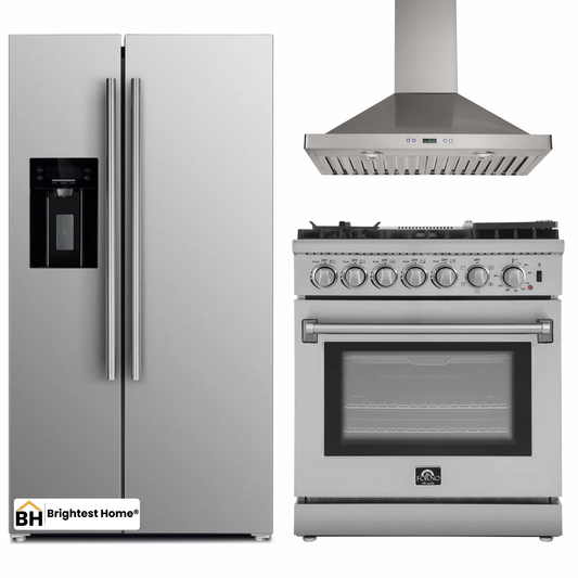 Forno 3-Piece Appliance Package - 30-Inch Dual Fuel Range with Air Fryer, Refrigerator with Water Dispenser,& Wall Mount Hood in Stainless Steel