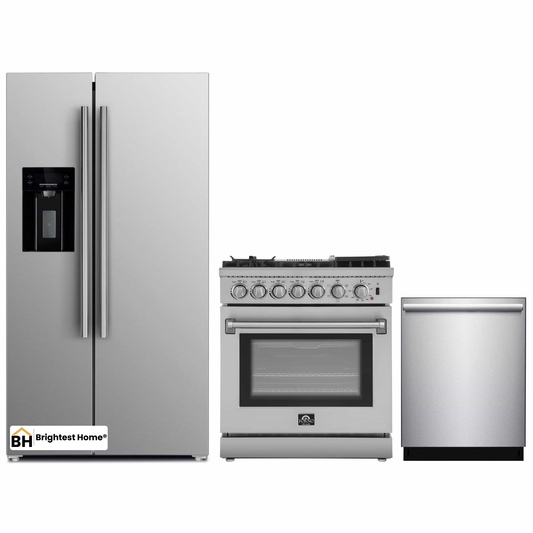 Forno 3-Piece Appliance Package - 30-Inch Dual Fuel Range with Air Fryer, Refrigerator with Water Dispenser,& Dishwasher in Stainless Steel