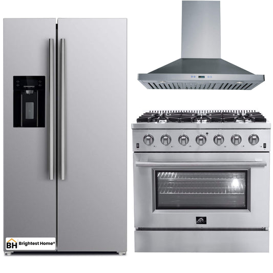 Forno 3-Piece Appliance Package - 36-Inch Gas Range, Refrigerator with Water Dispenser, & Wall Mount Hood in Stainless Steel