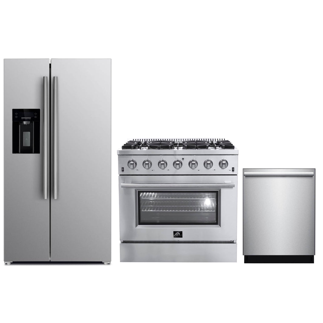 Forno 3-Piece Appliance Package - 36-Inch Gas Range, Refrigerator with Water Dispenser, & Dishwasher in Stainless Steel