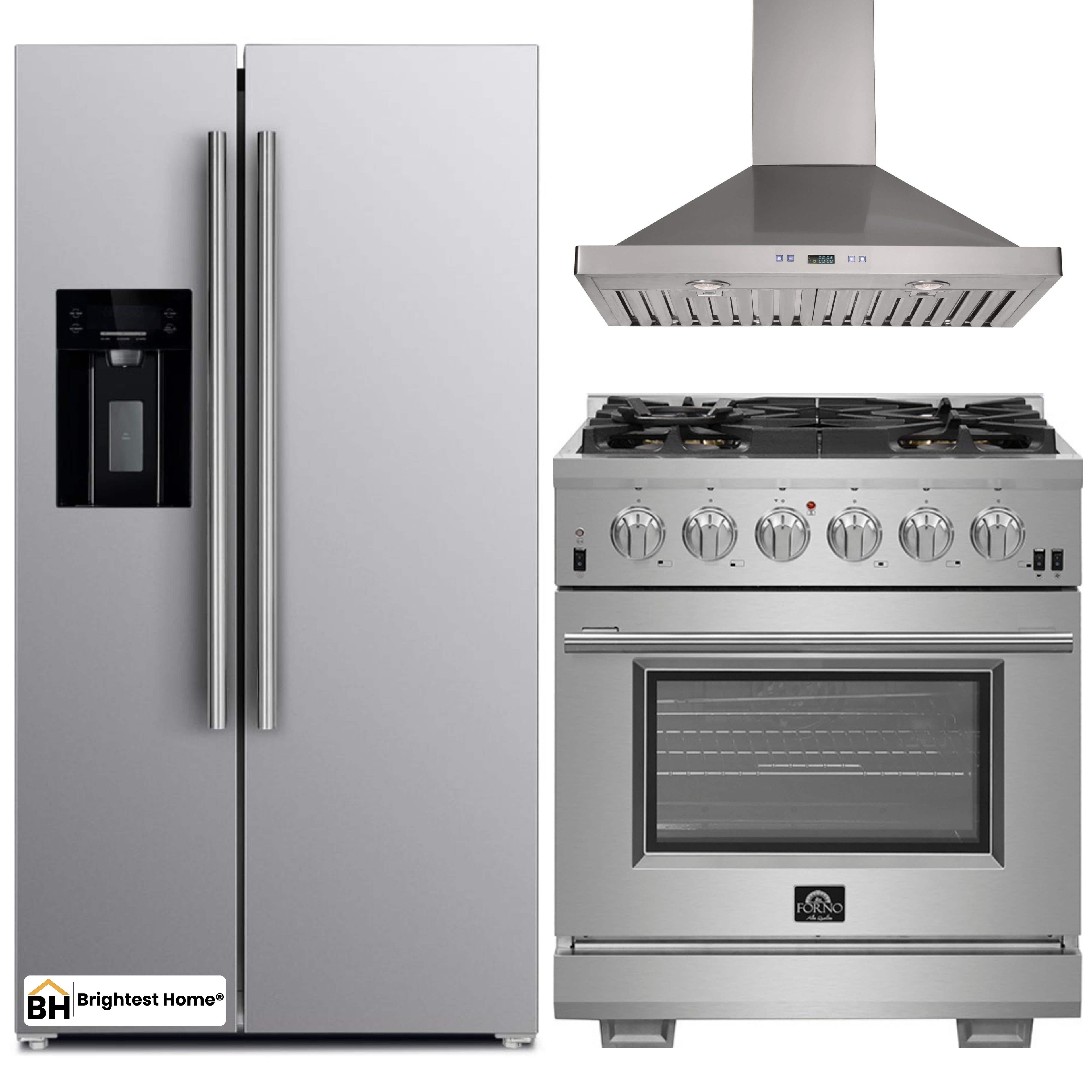 Forno 3-Piece Pro Appliance Package - 30-Inch Gas Range, Refrigerator with Water Dispenser, & Wall Mount Hood in Stainless Steel