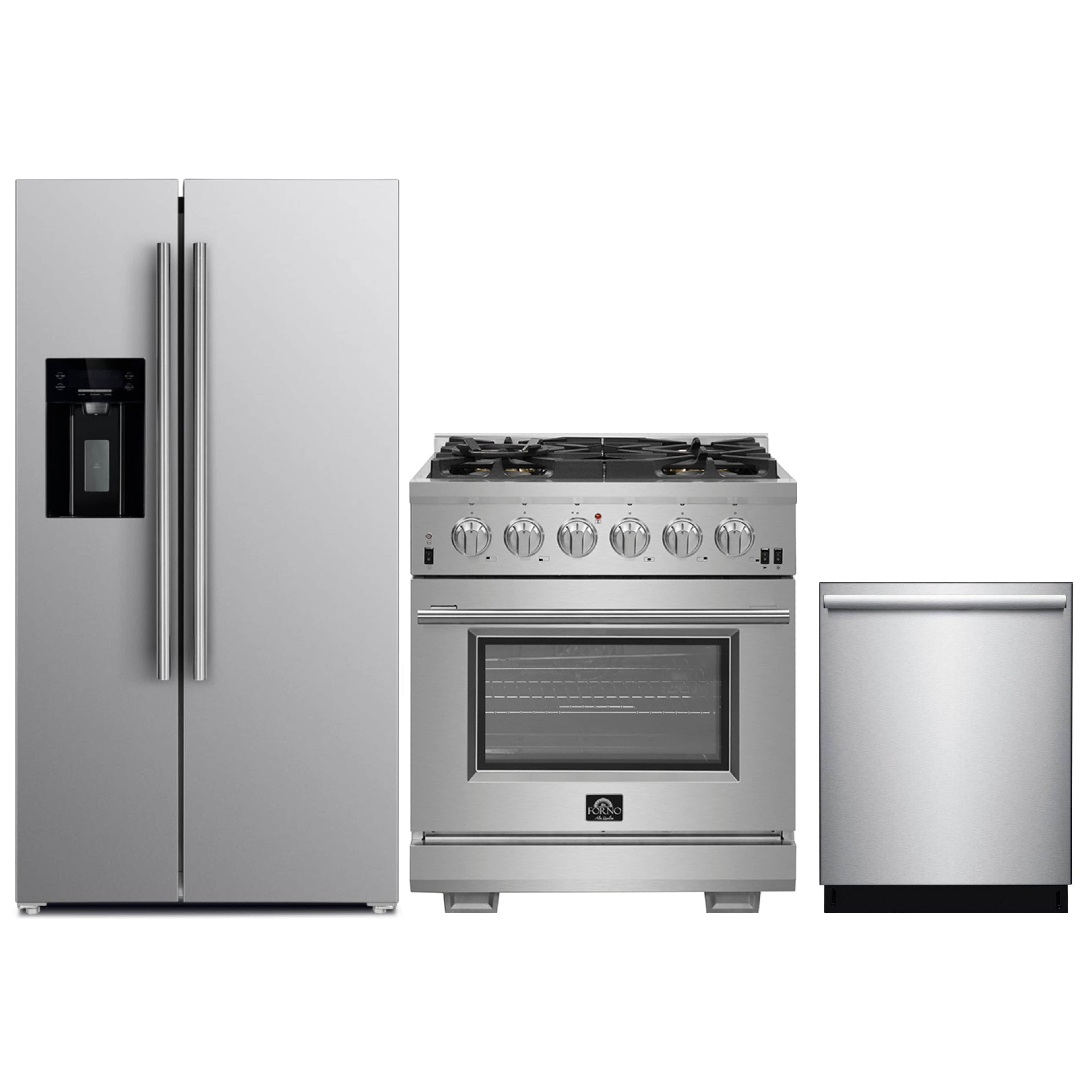 Forno 3-Piece Pro Appliance Package - 30-Inch Gas Range, Refrigerator with Water Dispenser, & Dishwasher in Stainless Steel