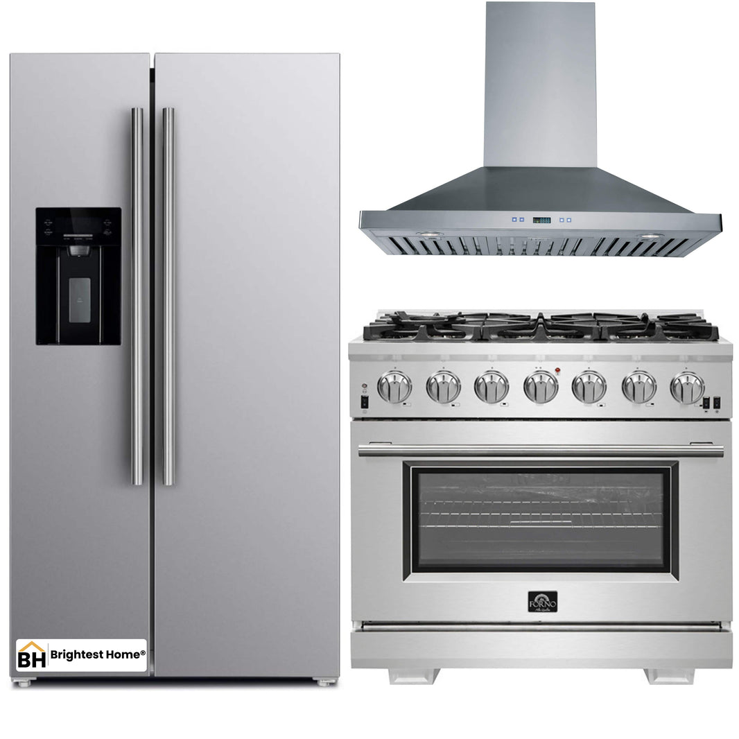 Forno 3-Piece Pro Appliance Package - 36-Inch Gas Range, Refrigerator with Water Dispenser, & Wall Mount Hood in Stainless Steel