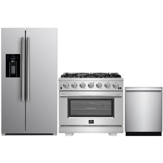 Forno 3-Piece Pro Appliance Package - 36-Inch Gas Range, Refrigerator with Water Dispenser, & Dishwasher in Stainless Steel