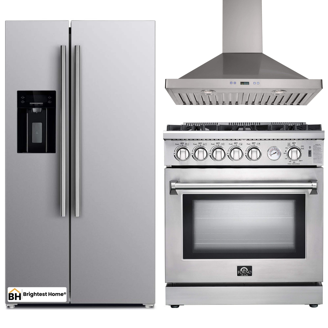 Forno 3-Piece Appliance Package - 30-Inch Gas Range, Refrigerator with Water Dispenser,& Wall Mount Hood in Stainless Steel