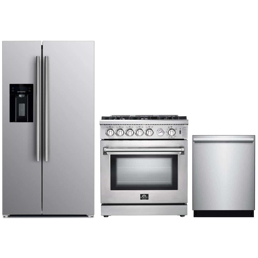 Forno 3-Piece Appliance Package - 30-Inch Gas Range, Refrigerator with Water Dispenser,& Dishwasher in Stainless Steel