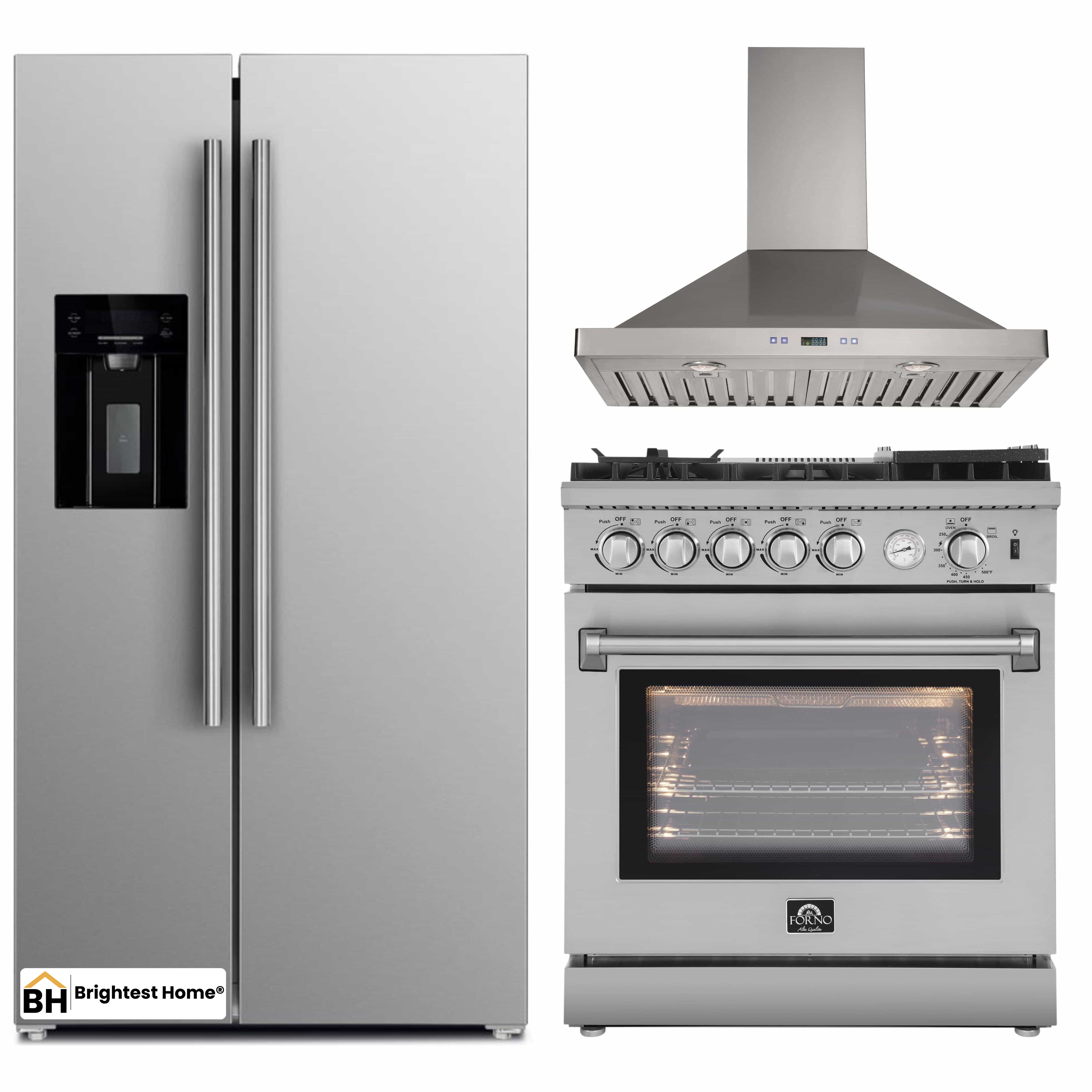 Forno 3-Piece Appliance Package - 30-Inch Gas Range with Air Fryer, Refrigerator with Water Dispenser,& Wall Mount Hood in Stainless Steel