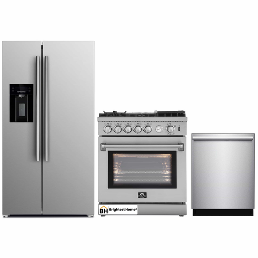 Forno 3-Piece Appliance Package - 30-Inch Gas Range with Air Fryer, Refrigerator with Water Dispenser,& Dishwasher in Stainless Steel