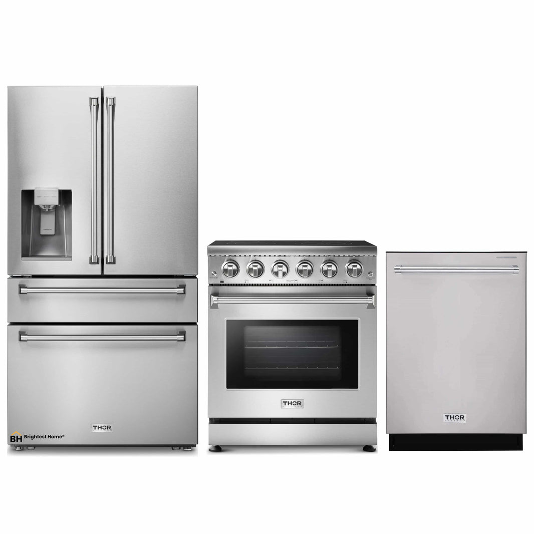 Thor Kitchen 3-Piece Appliance Package - 30-Inch Electric Range, Refrigerator with Water Dispenser, & Dishwasher in Stainless Steel