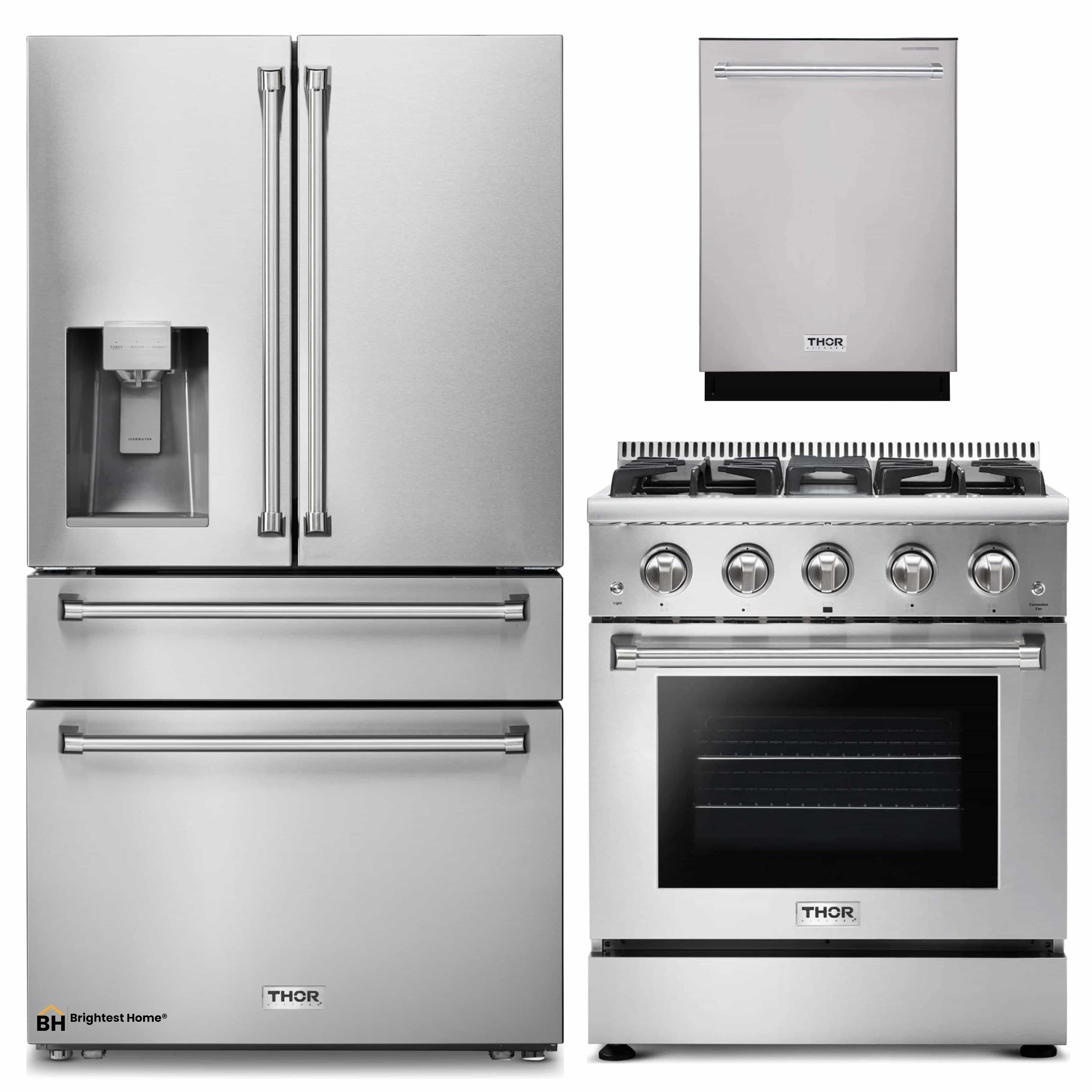 Thor Kitchen 3-Piece Pro Appliance Package - 30-Inch Gas Range, Dishwasher & Refrigerator with Water Dispenser in Stainless Steel