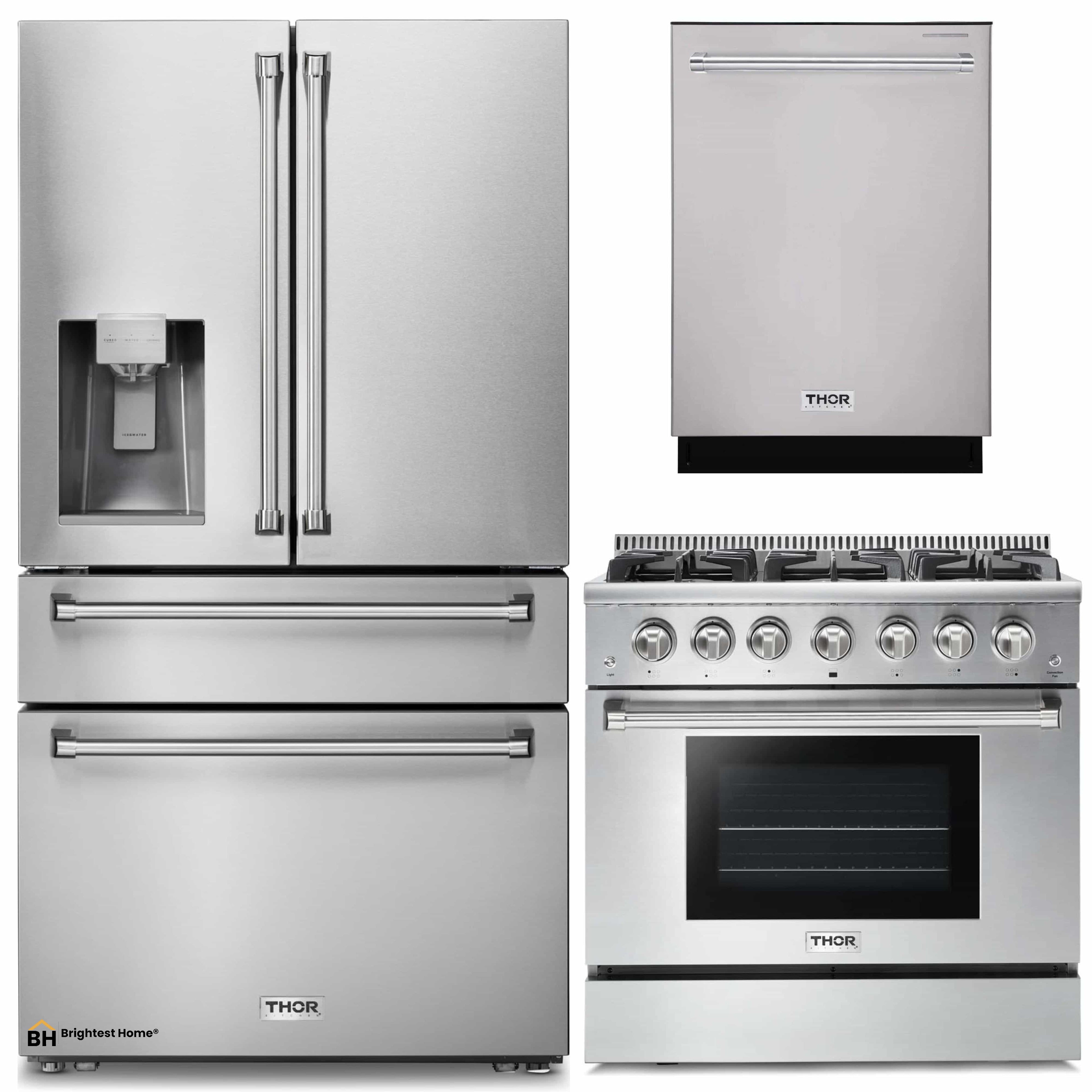 Thor Kitchen 3-Piece Pro Appliance Package - 36-Inch Gas Range, Dishwasher & Refrigerator with Water Dispenser in Stainless Steel