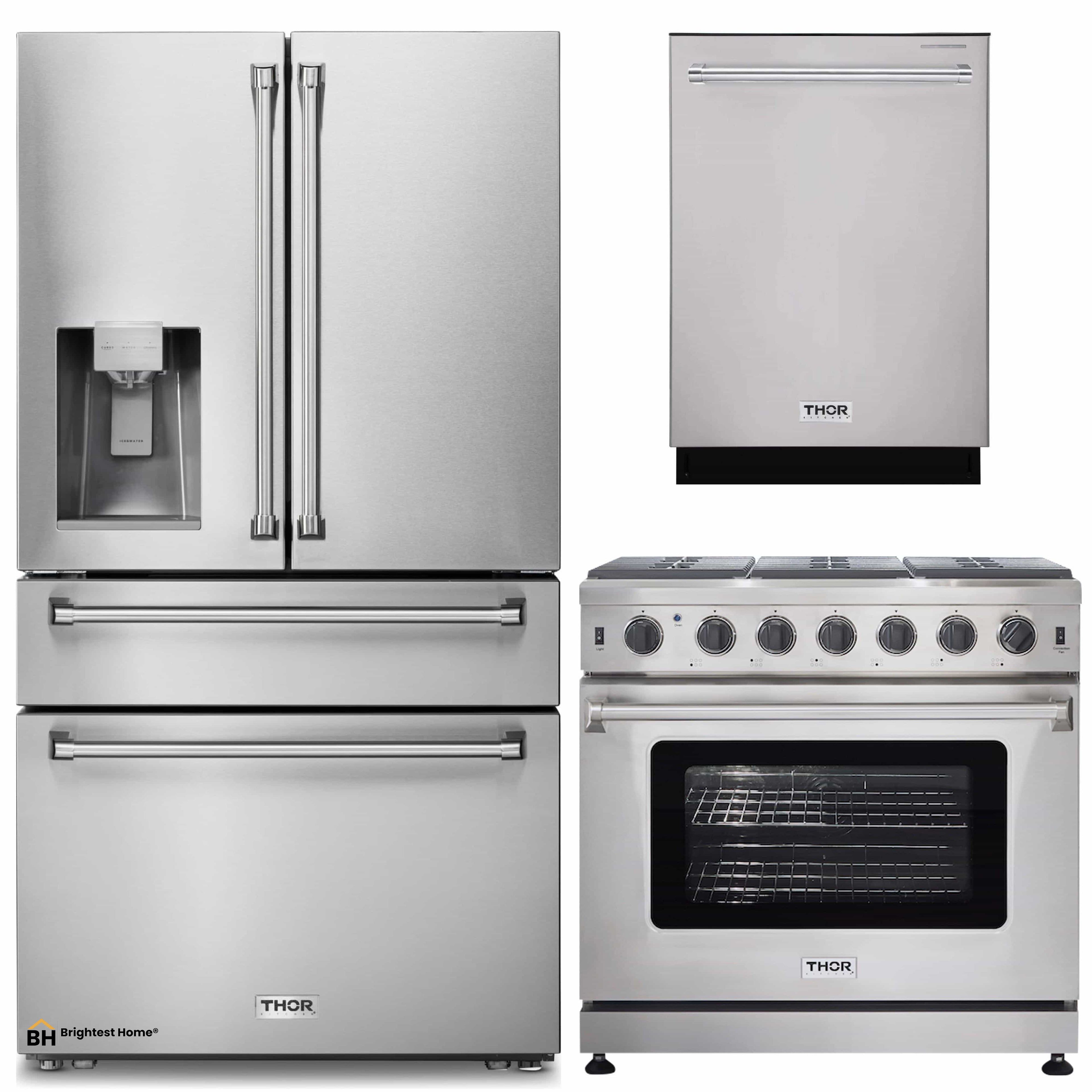 Thor Kitchen 3-Piece Appliance Package - 36-Inch Gas Range, Dishwasher & Refrigerator with Water Dispenser in Stainless Steel