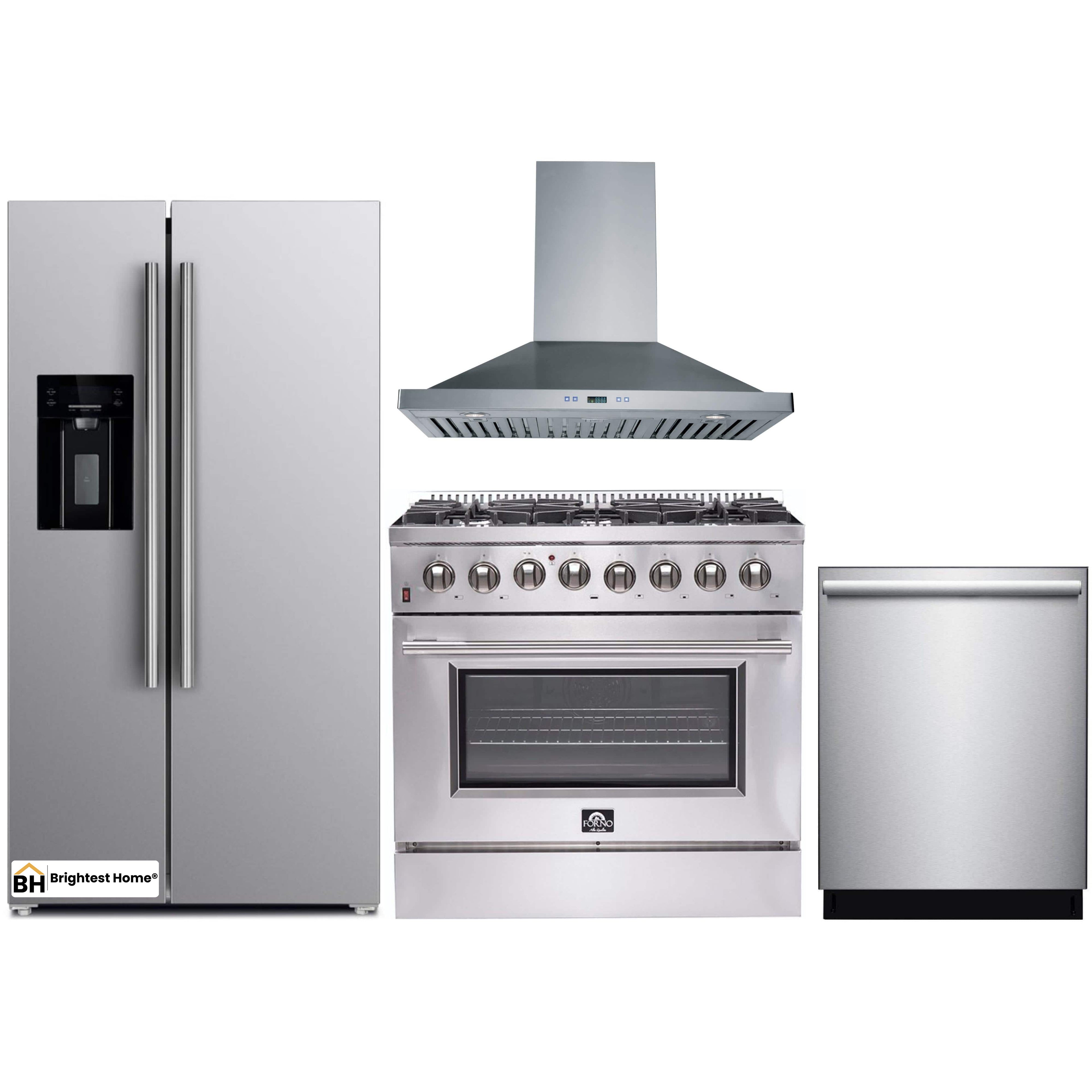 Forno 4-Piece Appliance Package - 36-Inch Dual Fuel Range, Refrigerator with Water Dispenser, Wall Mount Hood, & 3-Rack Dishwasher in Stainless Steel