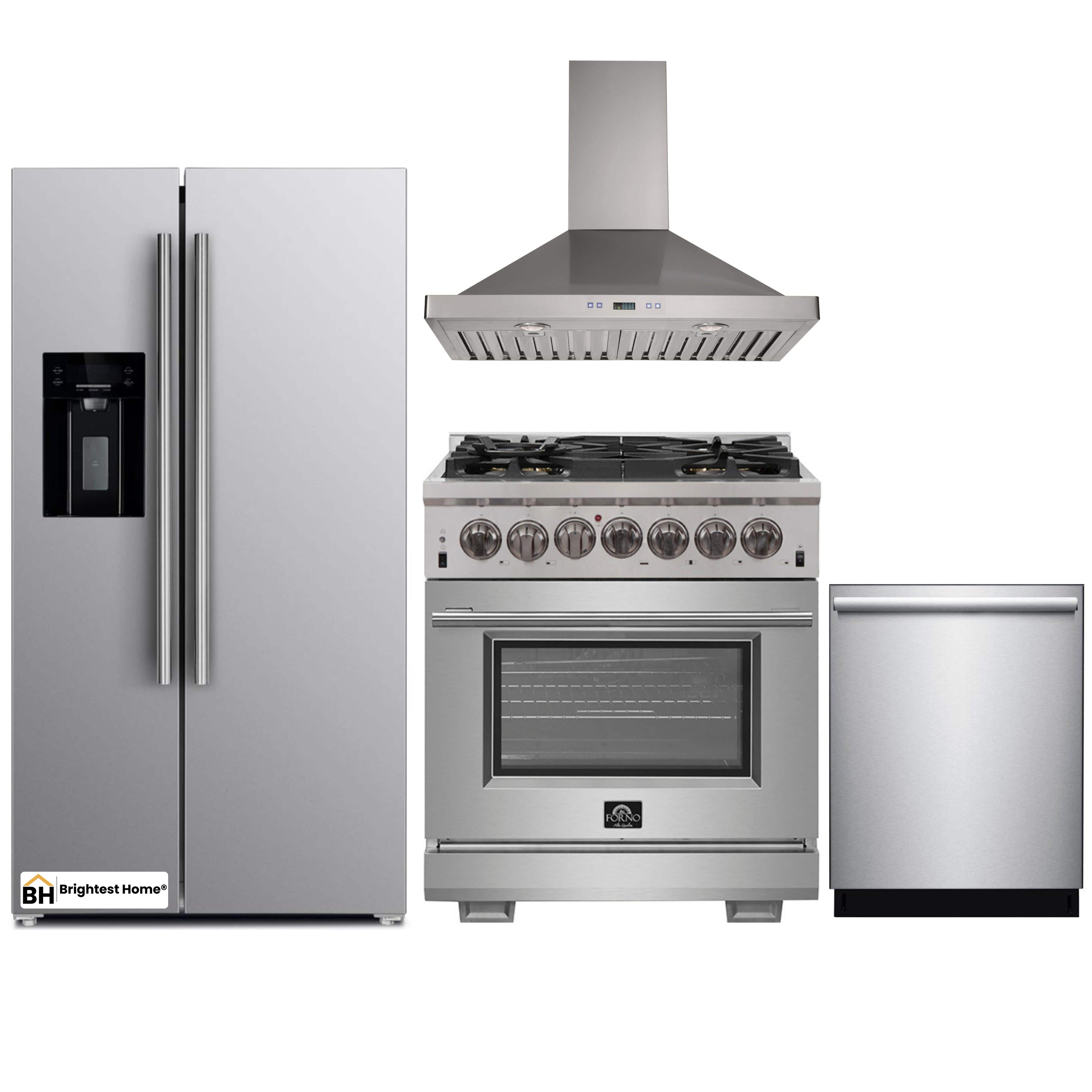 Forno 4-Piece Pro Appliance Package - 30-Inch Dual Fuel Range, Refrigerator with Water Dispenser, Wall Mount Hood, & 3-Rack Dishwasher in Stainless Steel