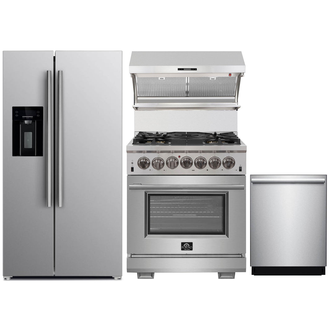 Forno 4-Piece Pro Appliance Package - 30-Inch Dual Fuel Range, Refrigerator with Water Dispenser, Wall Mount Hood with Backsplash, & 3-Rack Dishwasher in Stainless Steel