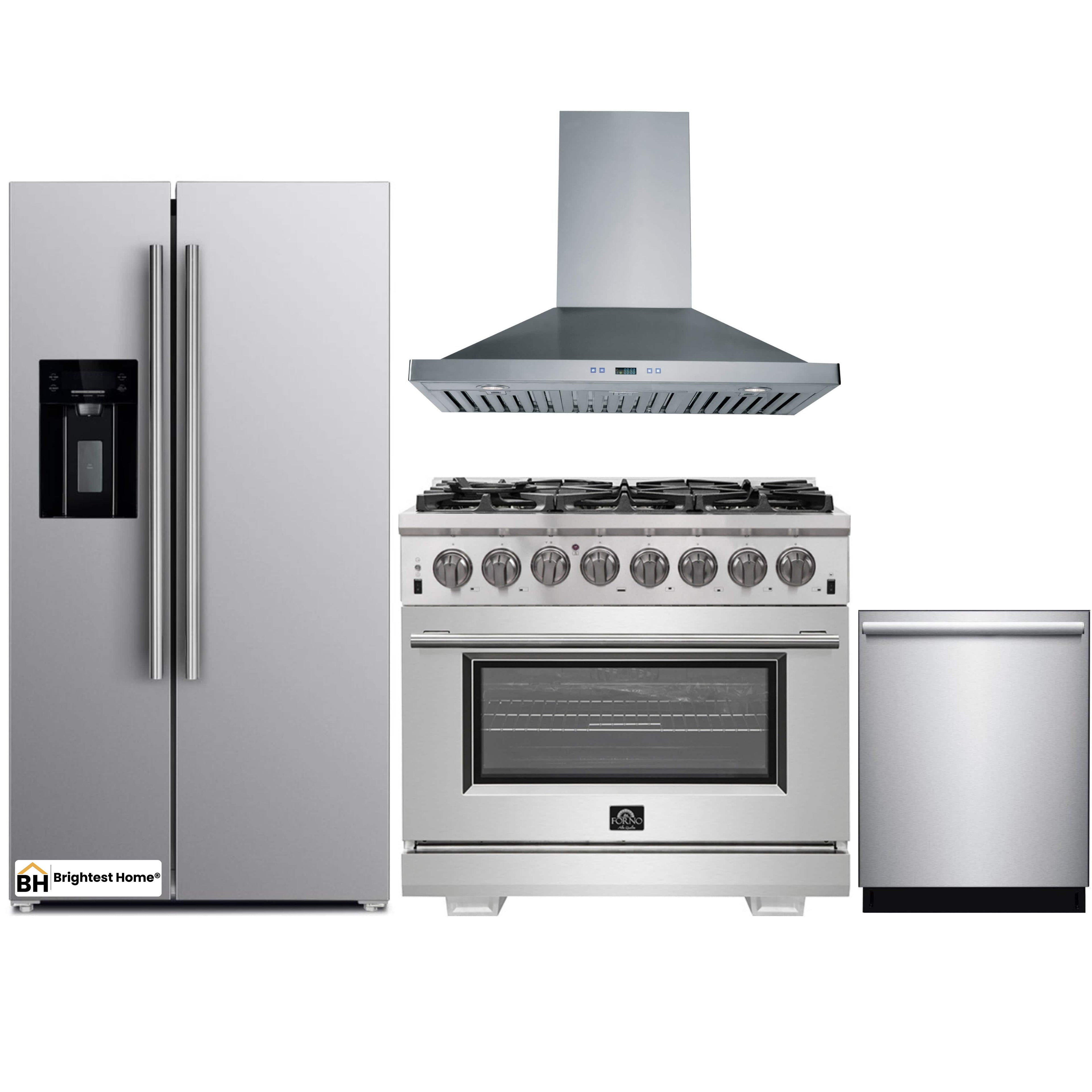 Forno 4-Piece Pro Appliance Package - 36-Inch Dual Fuel Range, Refrigerator with Water Dispenser, Wall Mount Hood, & 3-Rack Dishwasher in Stainless Steel