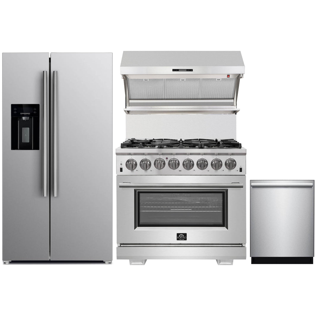 Forno 4-Piece Pro Appliance Package - 36-Inch Dual Fuel Range, Refrigerator with Water Dispenser, Wall Mount Hood with Backsplash, & 3-Rack Dishwasher in Stainless Steel