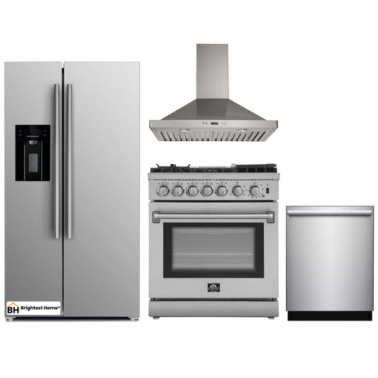 Forno 4-Piece Appliance Package - 30-Inch Dual Fuel Range with Air Fryer, Refrigerator with Water Dispenser, Wall Mount Hood, & 3-Rack Dishwasher in Stainless Steel