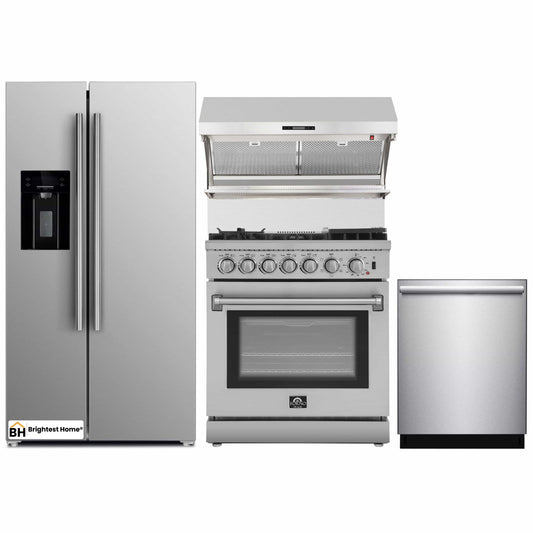 Forno 4-Piece Appliance Package - 30-Inch Dual Fuel Range with Air Fryer, Refrigerator with Water Dispenser, Wall Mount Hood with Backsplash, & 3-Rack Dishwasher in Stainless Steel