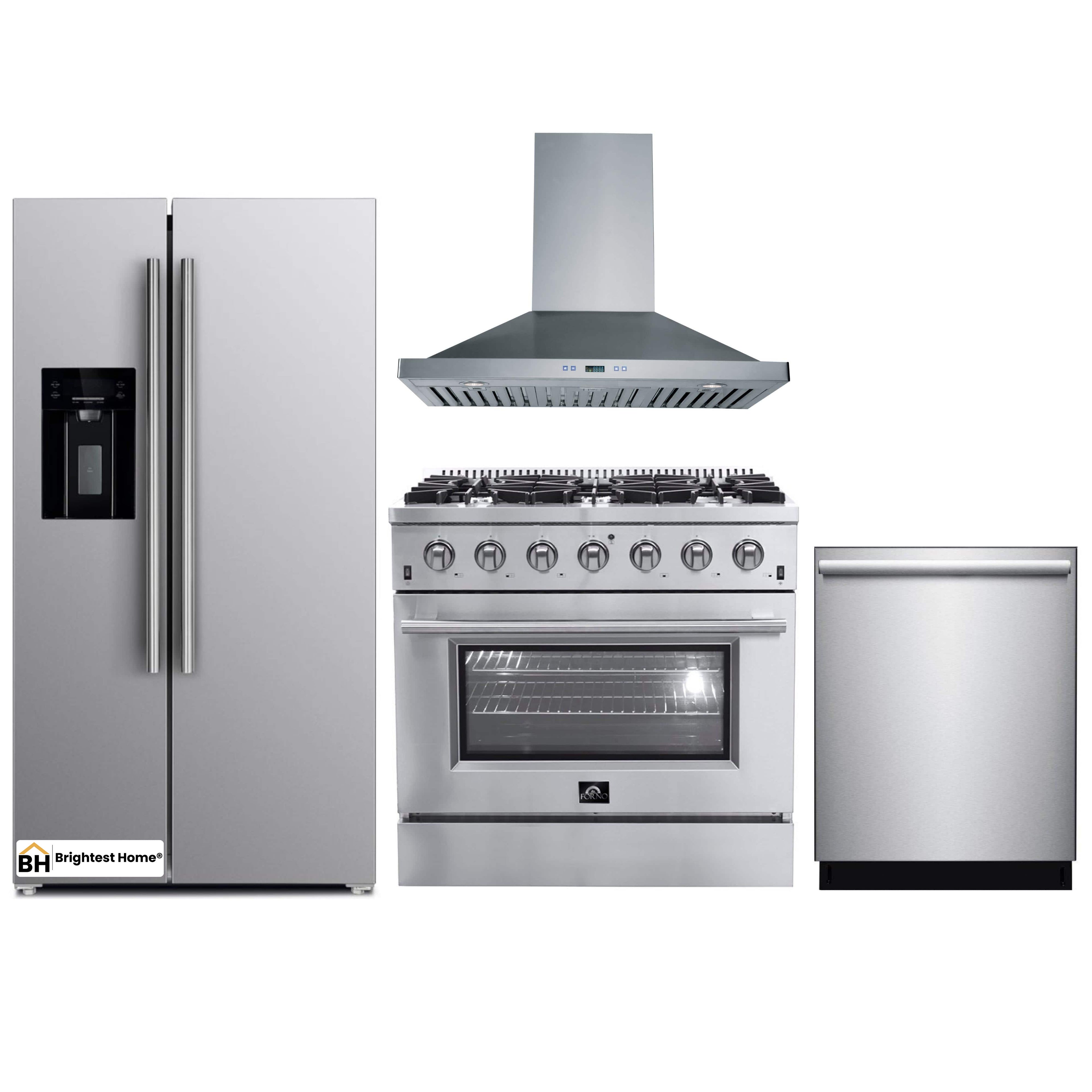 Forno 4-Piece Appliance Package - 36-Inch Gas Range, Refrigerator with Water Dispenser, Wall Mount Hood, & 3-Rack Dishwasher in Stainless Steel