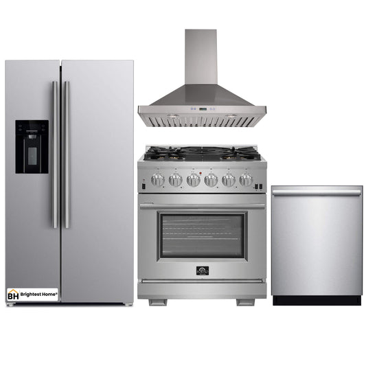 Forno 4-Piece Pro Appliance Package - 30-Inch Gas Range, Refrigerator with Water Dispenser, Wall Mount Hood, & 3-Rack Dishwasher in Stainless Steel