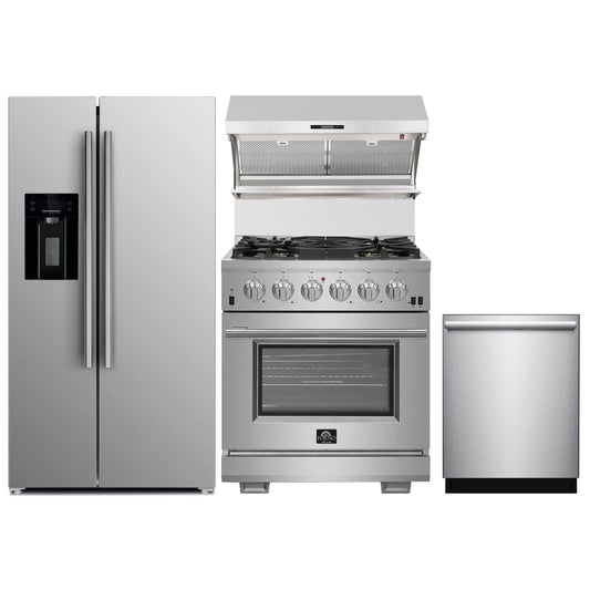 Forno 4-Piece Pro Appliance Package - 30-Inch Gas Range, Refrigerator with Water Dispenser, Wall Mount Hood with Backsplash, & 3-Rack Dishwasher in Stainless Steel