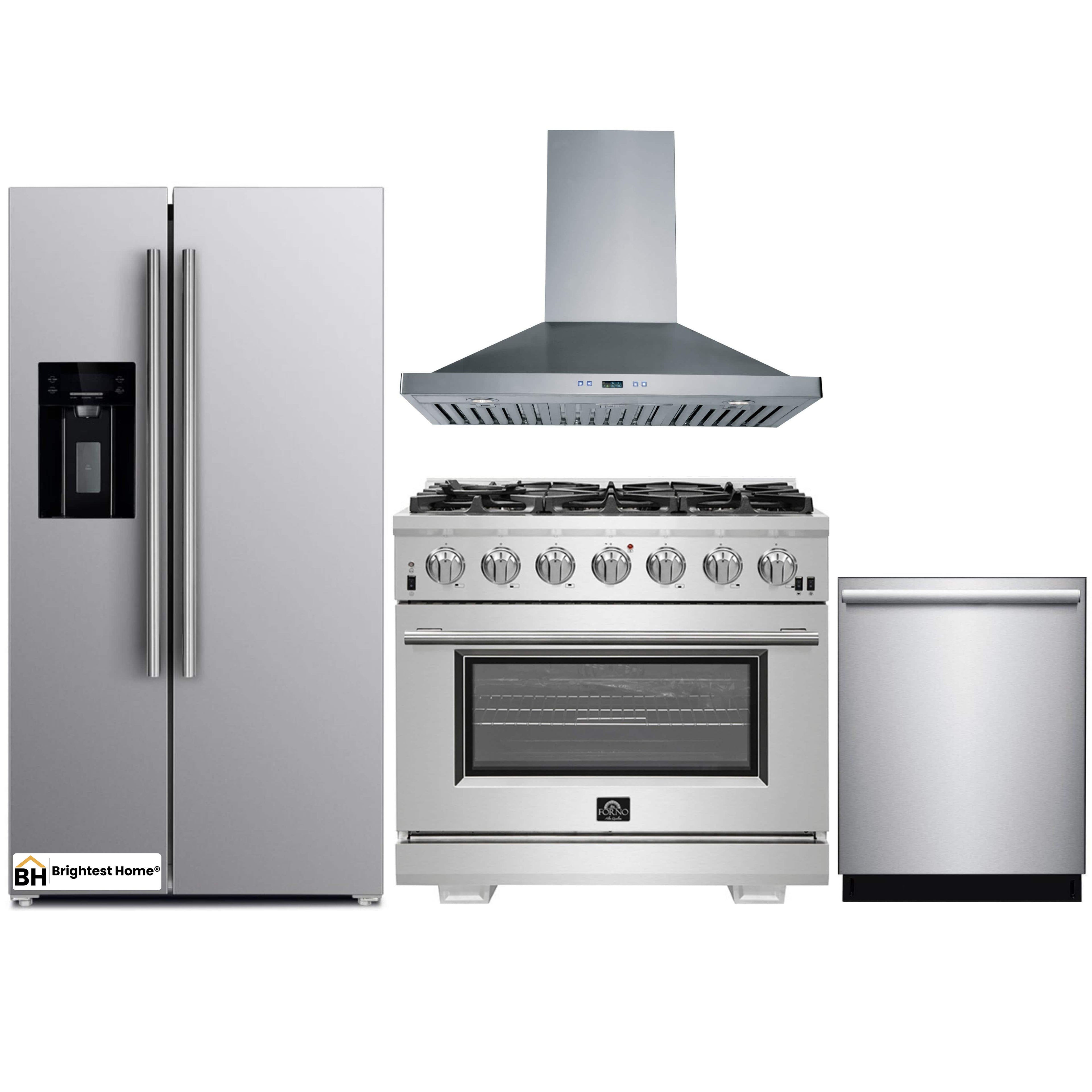 Forno 4-Piece Pro Appliance Package - 36-Inch Gas Range, Refrigerator with Water Dispenser, Wall Mount Hood, & 3-Rack Dishwasher in Stainless Steel