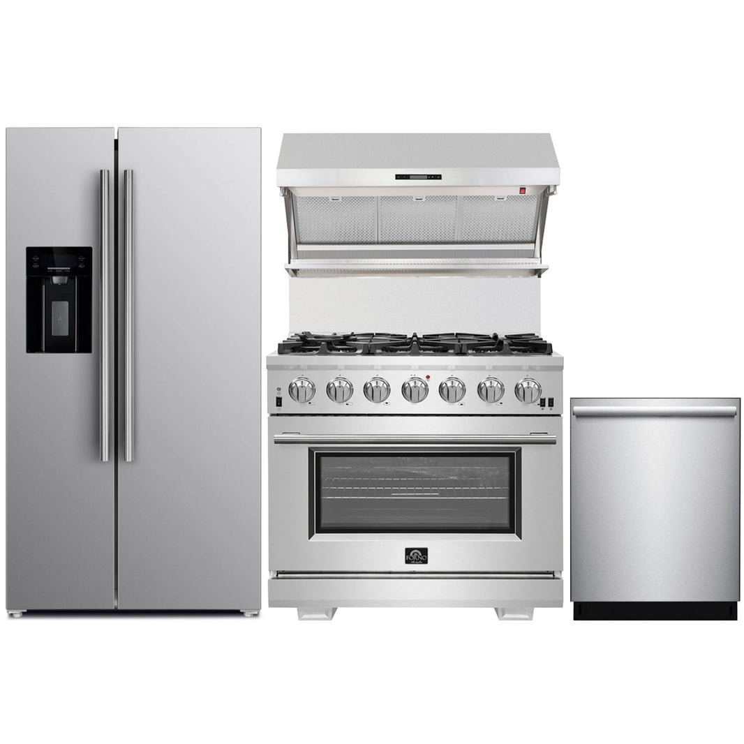 Forno 4-Piece Pro Appliance Package - 36-Inch Gas Range, Refrigerator with Water Dispenser, Wall Mount Hood with Backsplash, & 3-Rack Dishwasher in Stainless Steel