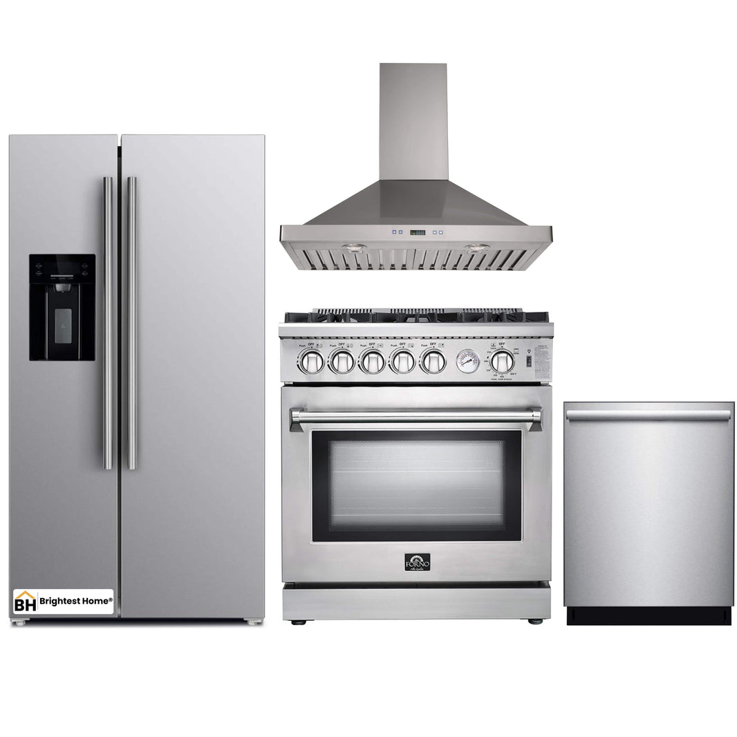 Forno 4-Piece Appliance Package - 30-Inch Gas Range, Refrigerator with Water Dispenser, Wall Mount Hood, & 3-Rack Dishwasher in Stainless Steel