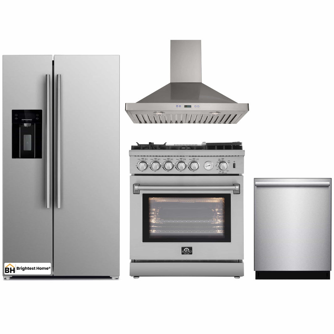 Forno 4-Piece Appliance Package - 30-Inch Gas Range with Air Fryer, Refrigerator with Water Dispenser, Wall Mount Hood, & 3-Rack Dishwasher in Stainless Steel